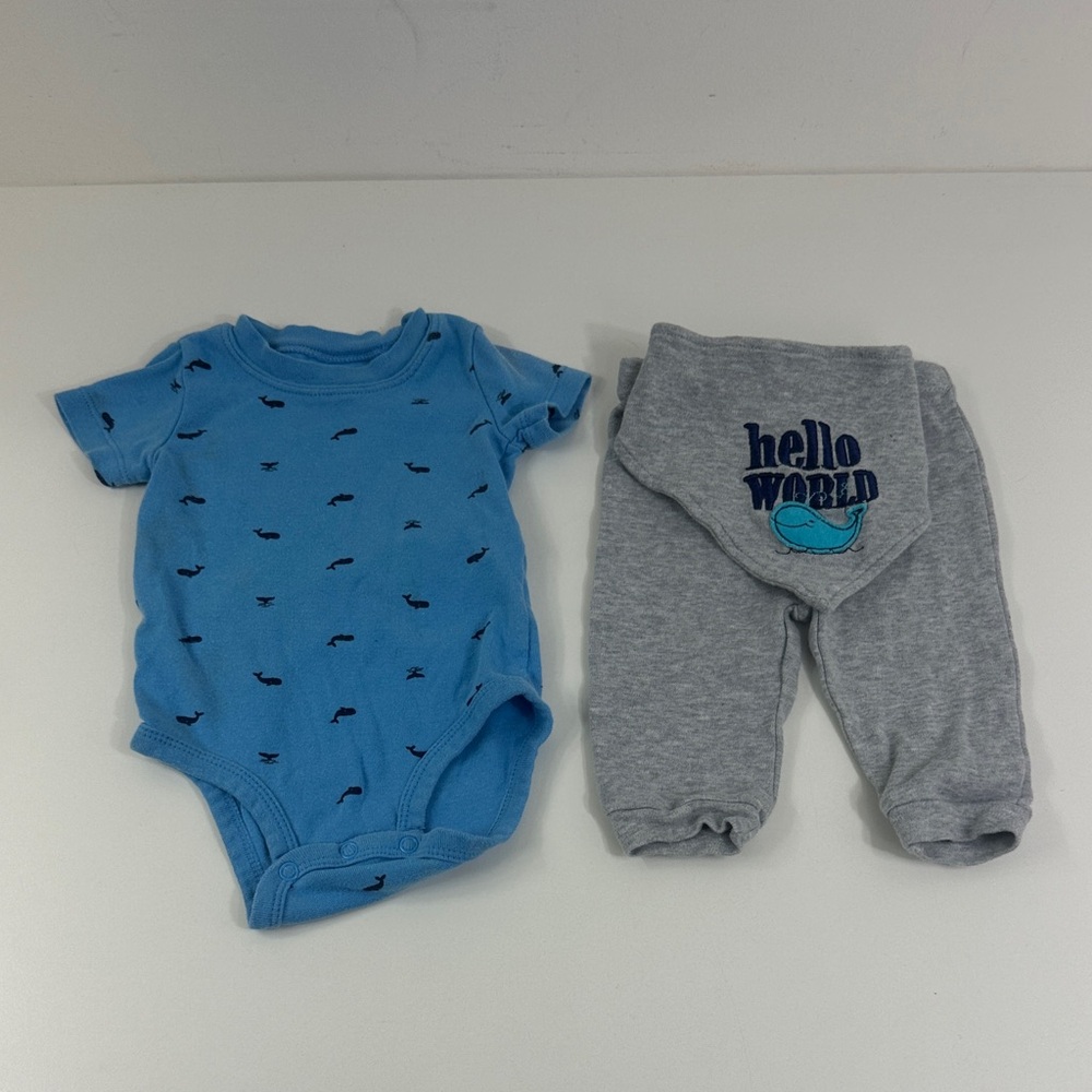 Blue Whale Print Baby Onesie & Gray 'Hello World' Pants Set Size 6 Months